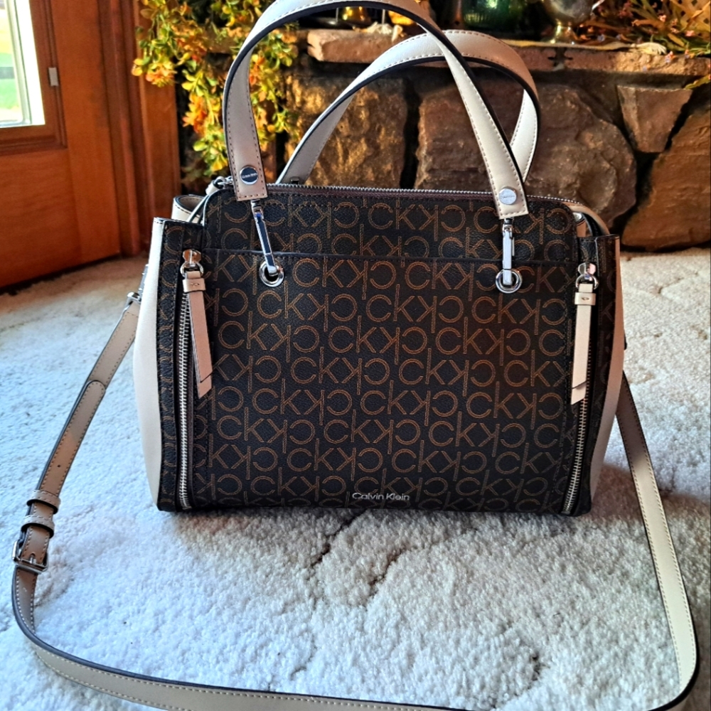 Calvin Klein Brown and Tan Satchel with Signature Style Brand NEW